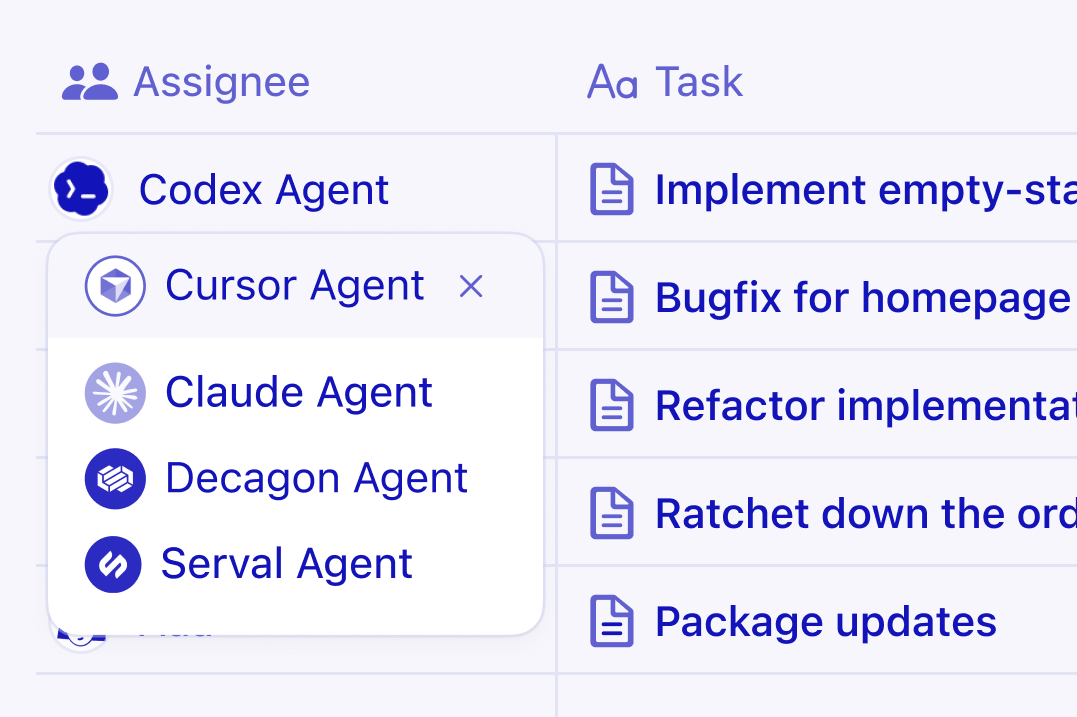 Notion database with a list of tasks, and one task being assigned to an external coding agent.