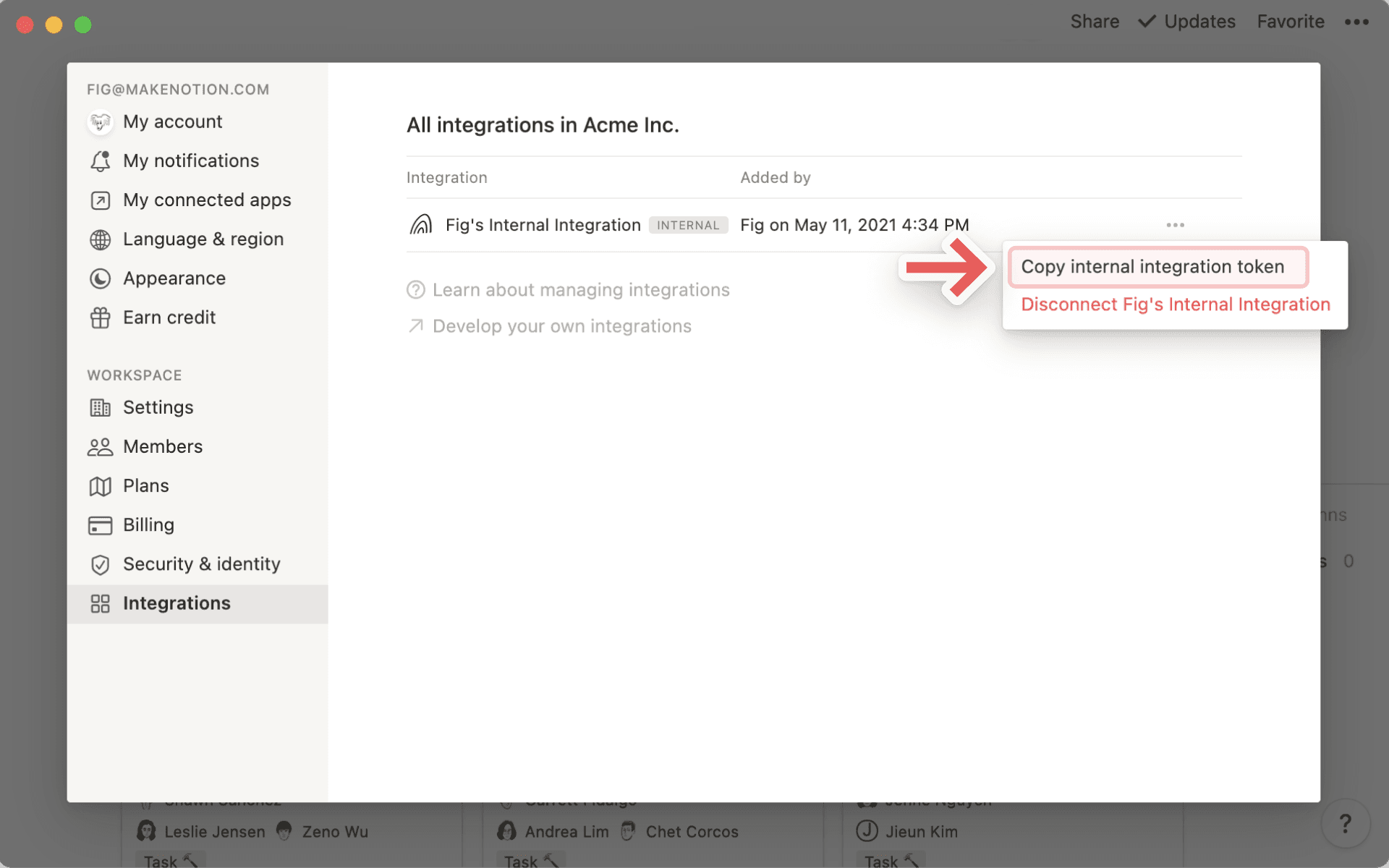 Add & manage connections - internal connection token