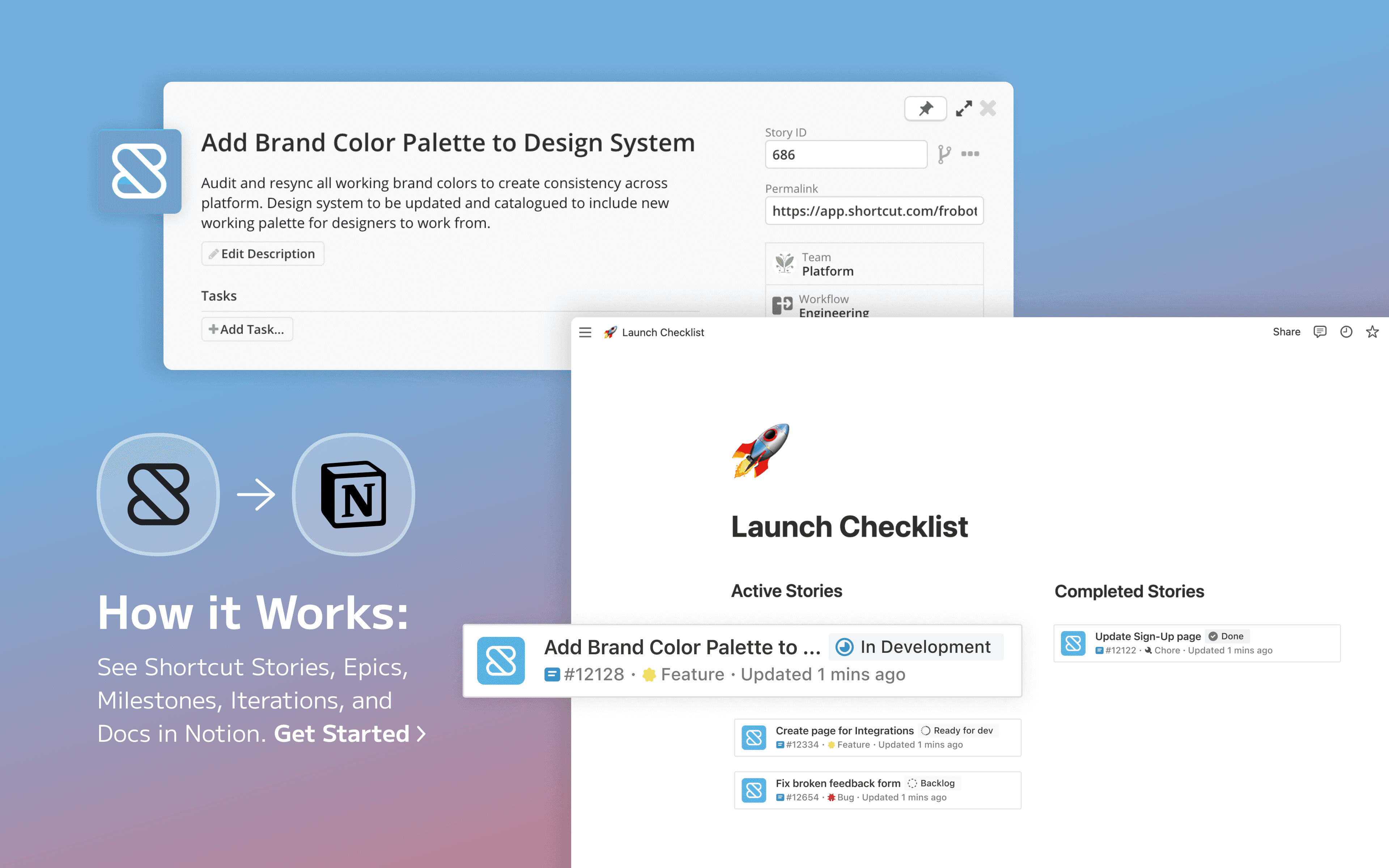 View Shortcut stories, epics, milestones and docs in Notion