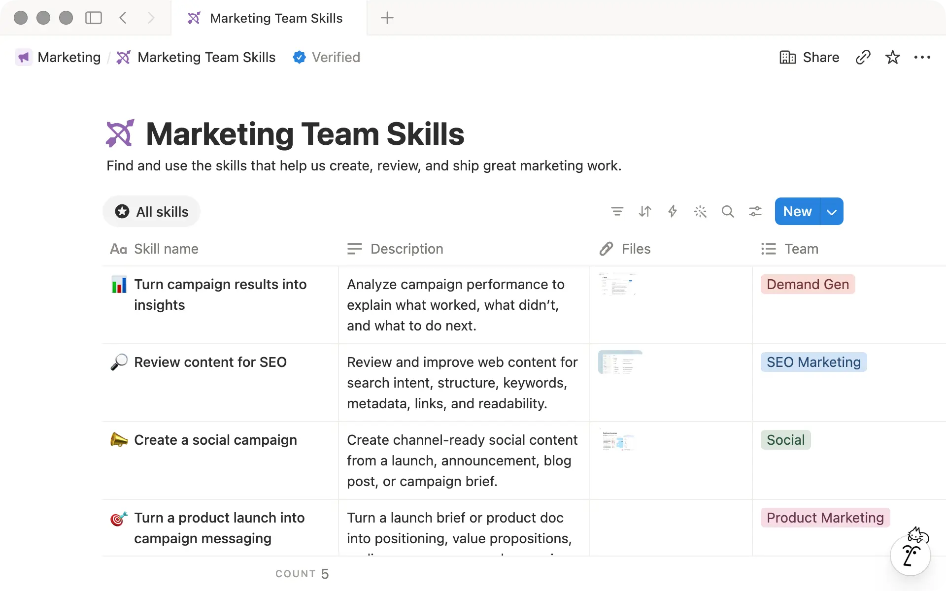 Every skill page comes with Description, Files, and Tags built in. Add more properties to help your team organize and manage skills.