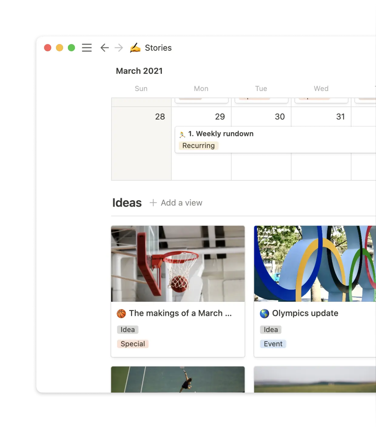 Ideas in the database can easily be dragged into the calendar when they’re ready to become stories.