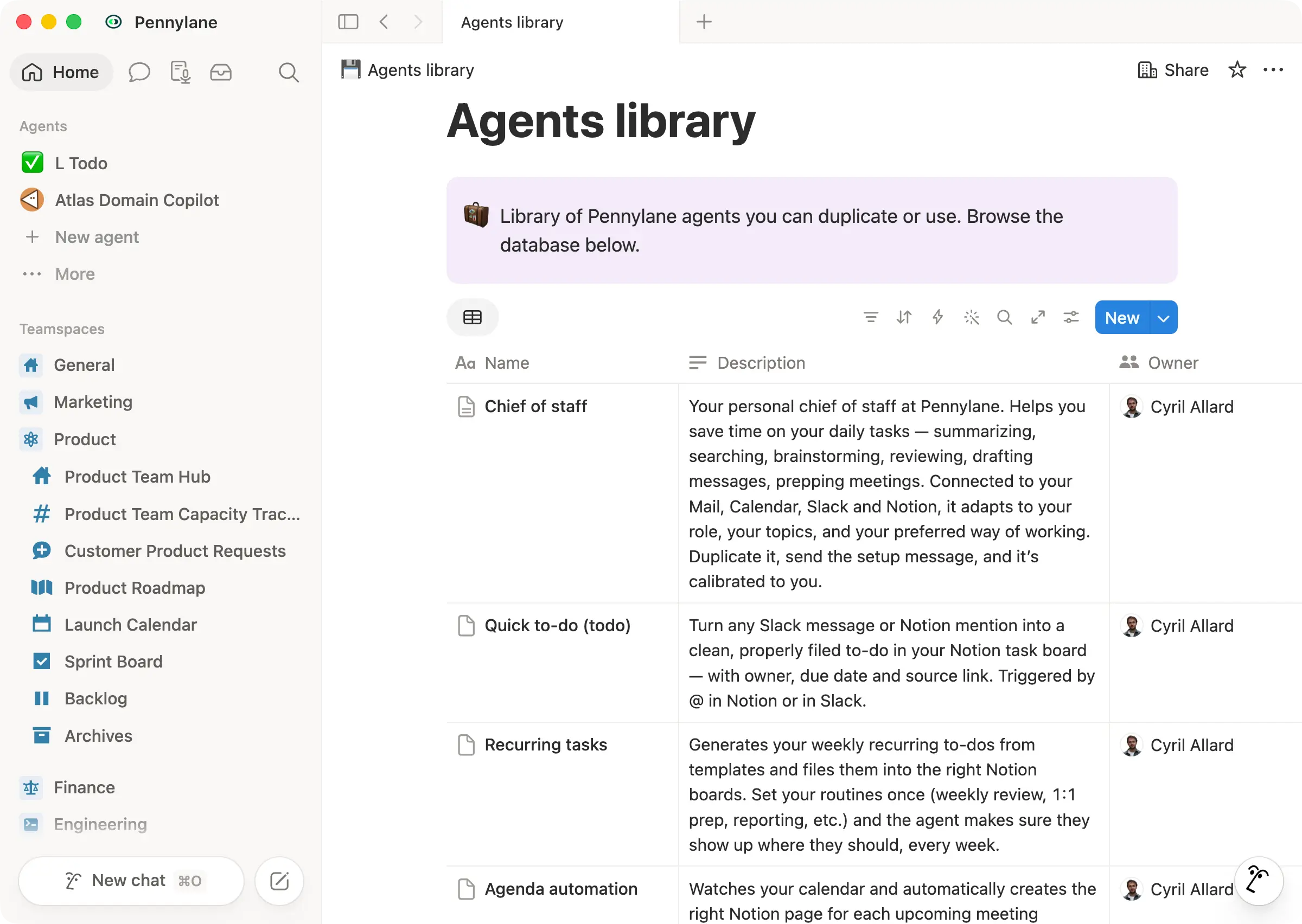 Pennylane's Agents library holds ready-to-duplicate Custom Agents—like Chief of Staff, Quick to-do, and Recurring tasks—so anyone can grab one that's already built instead of starting from scratch.