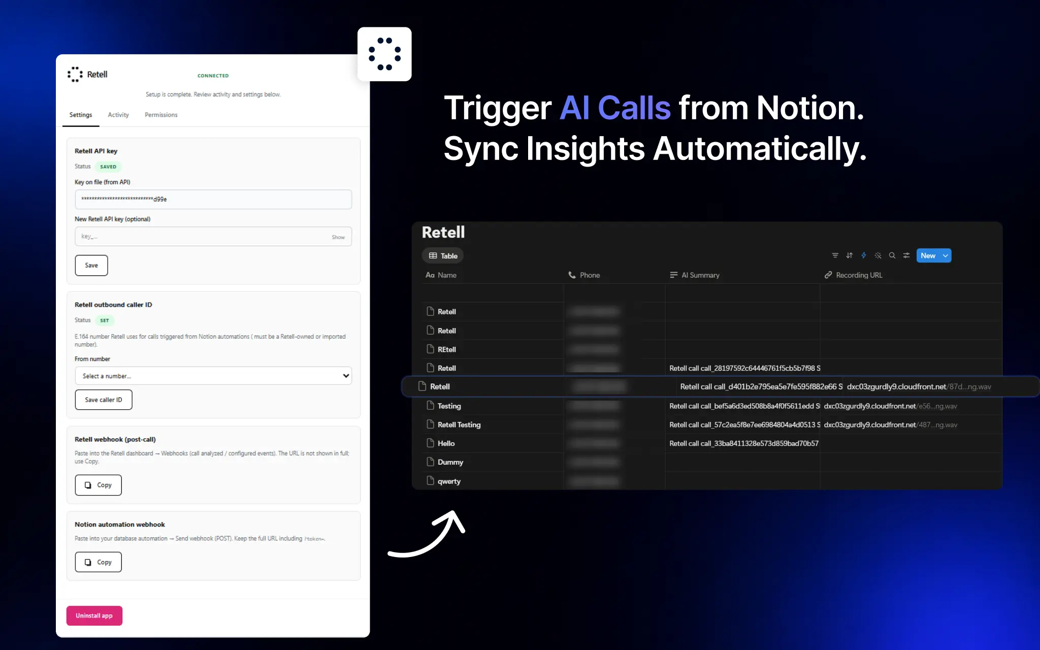 AI phone calls from Notion — connect Retell to your workspace, trigger outbound calls from database automations, and sync outcomes back to Notion.