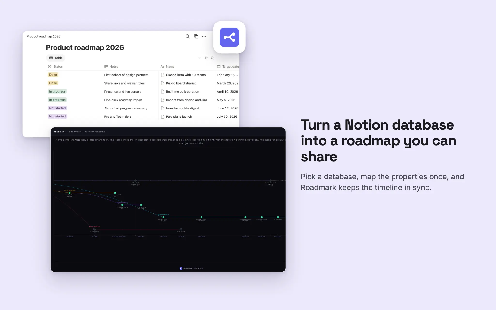 Turn a Notion roadmap database into a shareable visual timeline — with the decisions behind it.