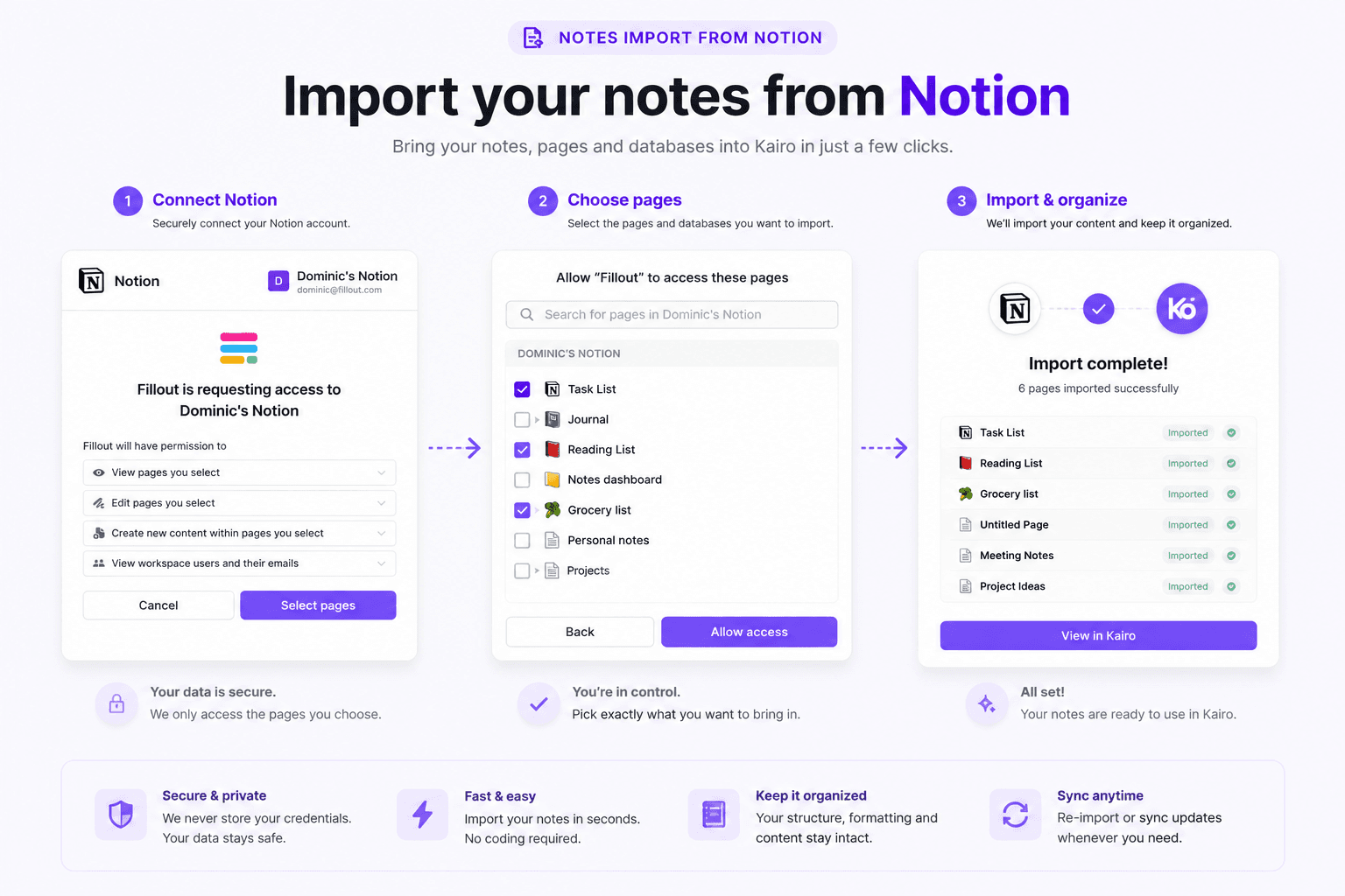 Import your Notion pages into Kairo and keep all your notes, tasks, and meetings in one place.