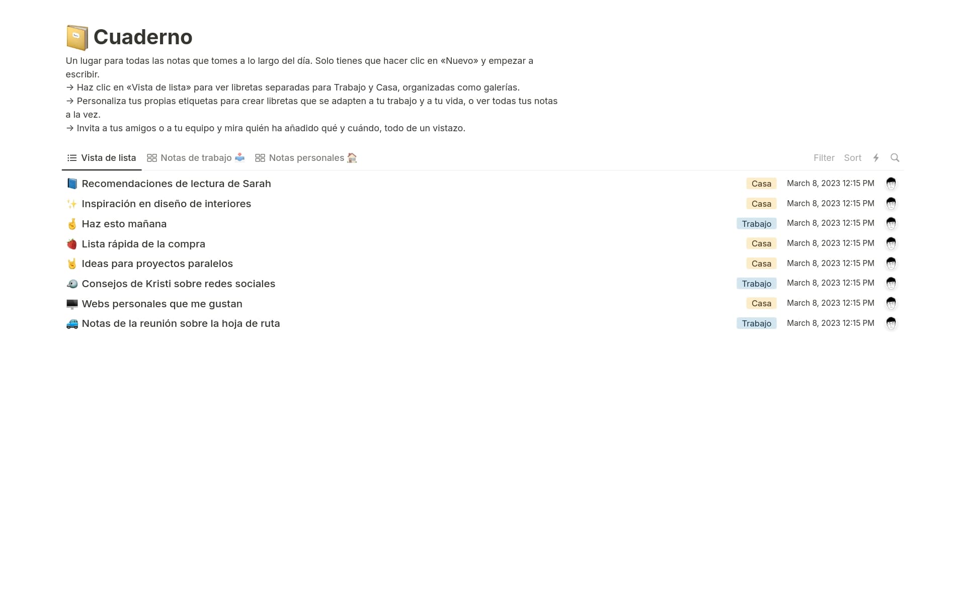 Captura de pantalla de la colección Top 10 Notes & Knowledge Templates in Notion creada por Notion